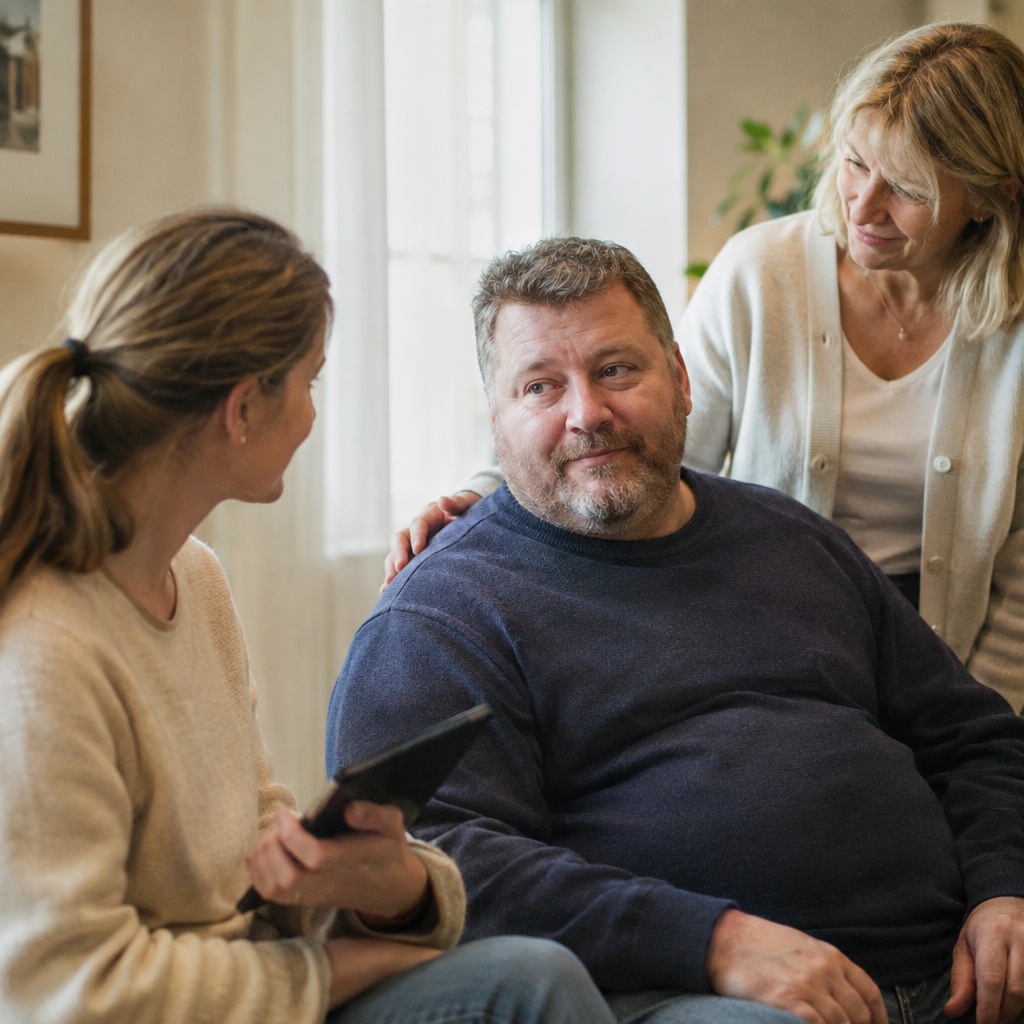 Een vriendelijke begeleidster in gesprek met een deelnemer
